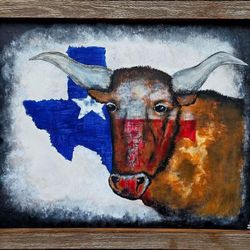 Southwest Abstract Txas Linghorn 28X34 Original Canvas Artwork Framed In Barnwood *ON SALE*
