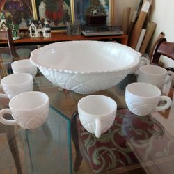 Milk Glass Punch Bowl, Cups