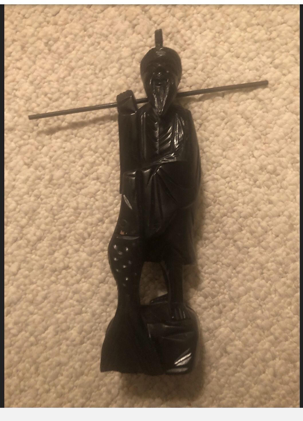 Vintage Hand Carved Wooden Asian Statue Art-9 x 12” Icludes Stick-Crack On Bottom To Front