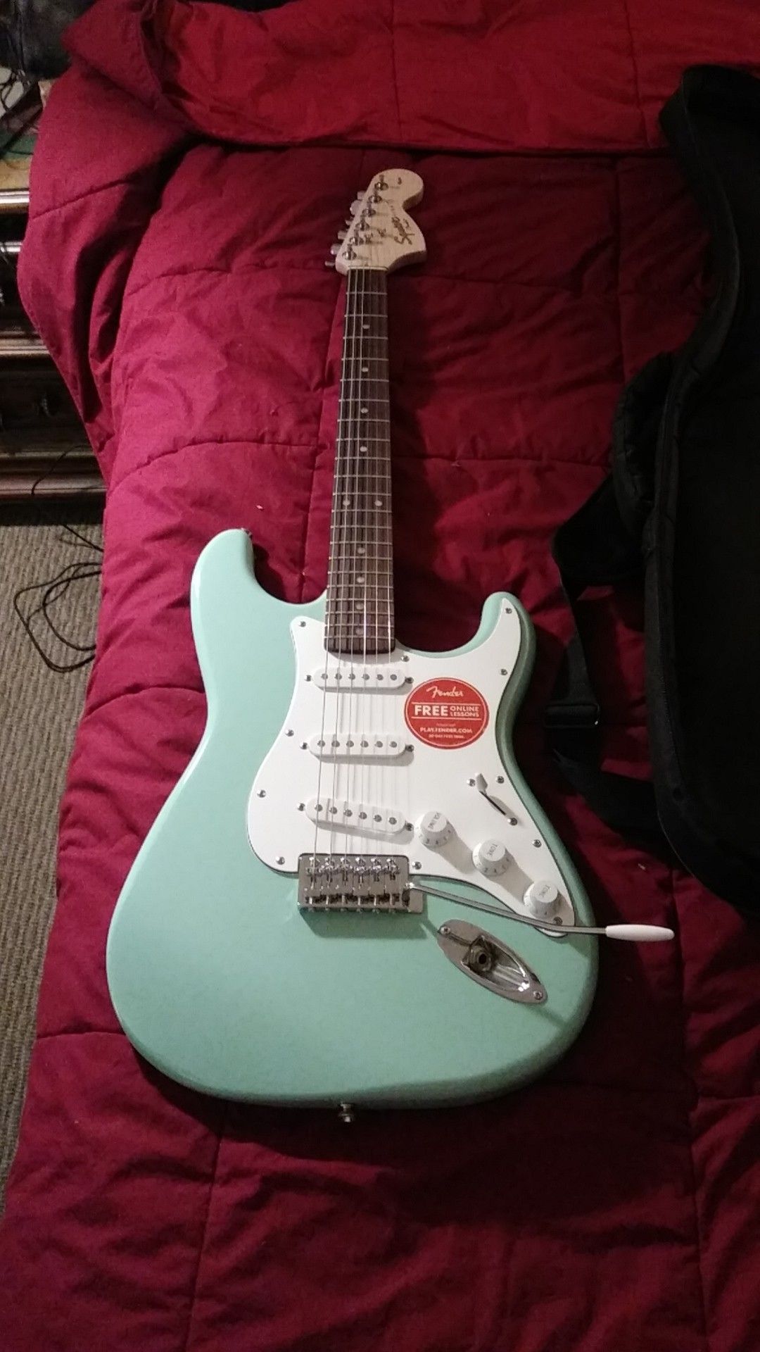 Fender electric guitar with carrying case and picks/amp cord
