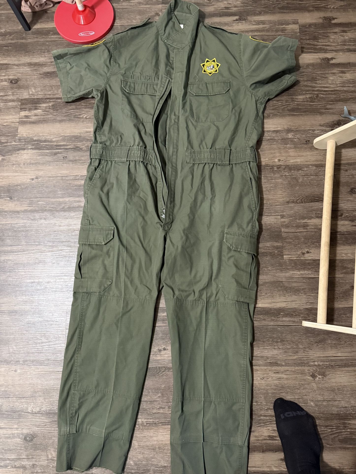 Olive Green Jumpsuit 48 Reg with Patches.