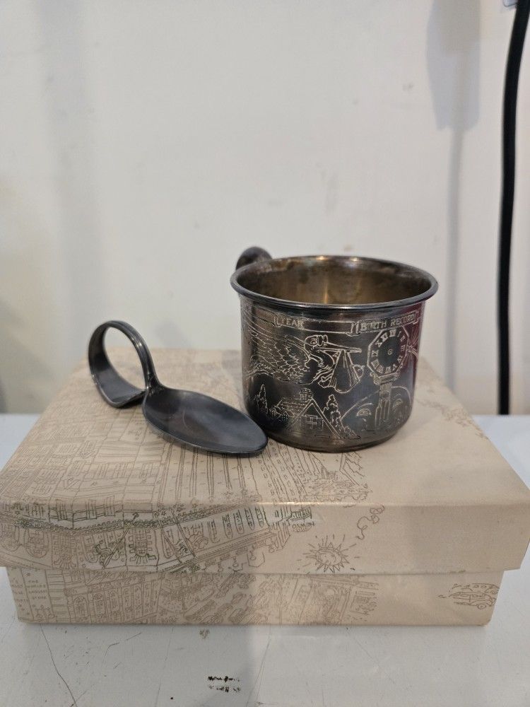 WEBSTER Sterling Baby Cup And Spoon No Monogram Birth Record Date Weight