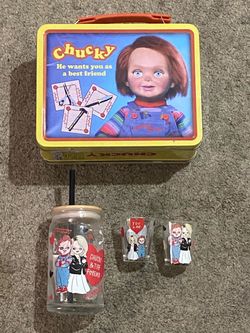 Chucky Horror Movie Bundle: Tin Lunchbox, Glass Tumbler, and Shot Glasses