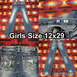 Miss Me Bedazzled Boot Cut Blue Distressed Jeans Girls Size 12 Inseam 29 KE8515B