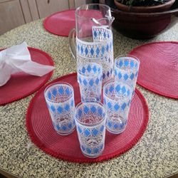Mid Century Cocktail Pitcher N 5 Glasses 