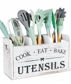 Wooden Kitchen Utensil Holder with 3 Compartments, Utensil Storage Organizer for Kitchen Counter, Farmhouse Decor & Rustic Cooking Tools Storage