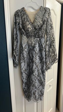 Silver Sequin Lace Midi Formal Dress