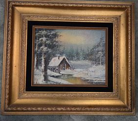 Framed Winter Cabin Oil Painting