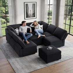 92" 9 Seats Modular Sectional Sleeper Sofa with Storage, Black FSC-certified hardwood frame, Pet-friendly velvet upholstery, Adjustable backrests and 