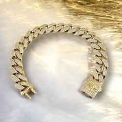 14kt 28.40g Yellow Gold with Cluster of CZ’s Cuban Link Hollow Bracelet.