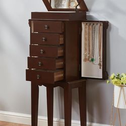Dark Brown Wood Jewelry Armoire With Mirror and Drawers