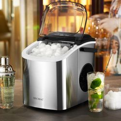 HECMAC Stainless Steel Countertop Ice Maker, 26Lbs/24H, 6 Min Fast Ice, Self-Cleaning, Custom S/L Ice Sizes, Portable - Home/Kitchen/Office/Bar/Party/