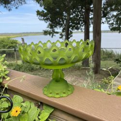 Vintage Westmorland Green Satin Glass Pedestal Dish