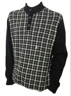 CHAPS 100% COTTON Button Mock Neck SWEATER Men's Large L (black/Plaid)