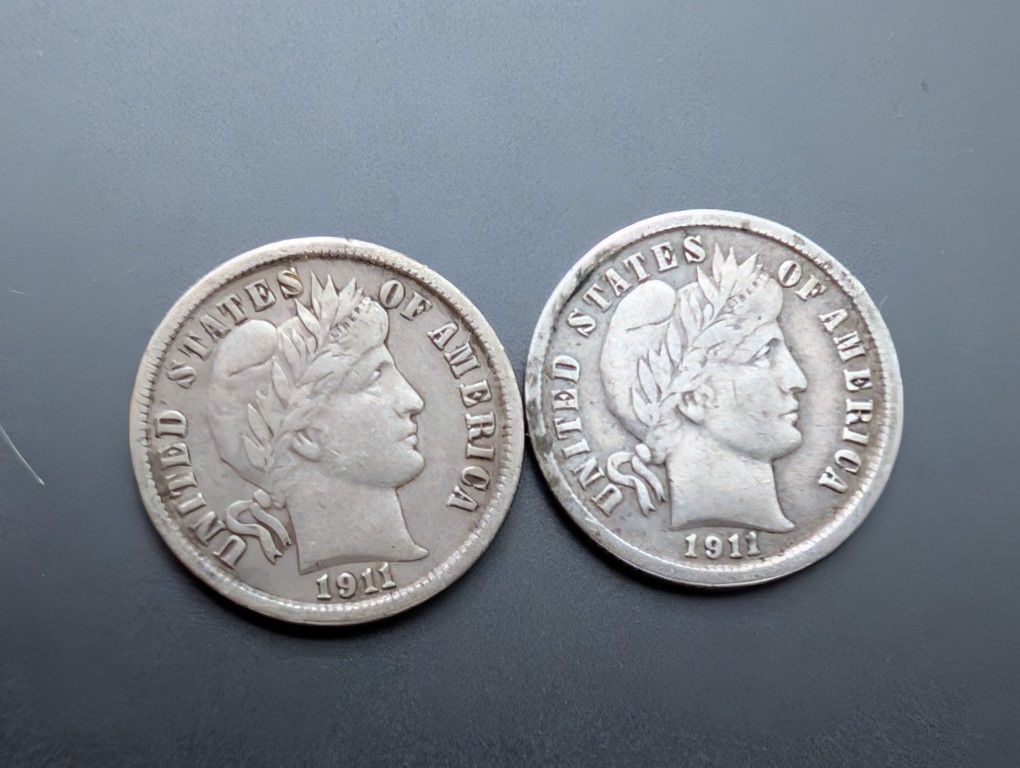 2 Very Fine To Extra Fine 1911 Barber Silver Dimes