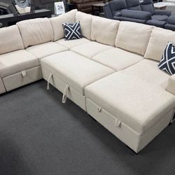 Beige Sofa Sectional w/ Sleeper & Double Drop Down Cup holder 