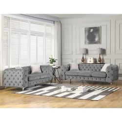 2 piece Glam Chesterfield Inspo Gray Velvet Sofa & Loveseat Set