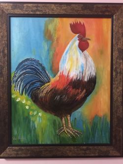 Oil framed painting Rooster 16X20