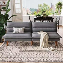 Gray Fabric Futon Sofa with Wood Legs