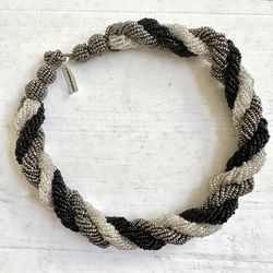 Black And Grey Seed Beaded Twisted Indonesian Necklace 