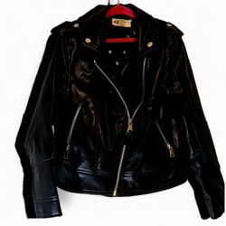 H&M Black Faux Leather Moto Jacket Women’s Size 7/8 Biker Zip Coat