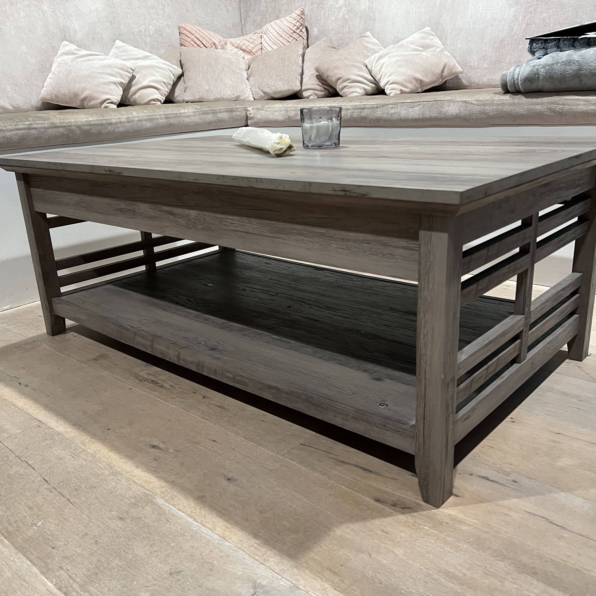 Modern Wood Coffee Table – Gray Oak Finish with Storage Shelf