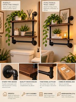 Set of 2 Industrial Pipe Wall Shelves with Hanging Bars