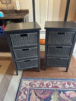 Black Storage Side Tables with Wicker Baskets – Set of 2