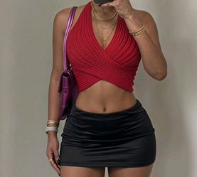 Women's Sexy Solid Color Crisscross Wrap Backless Knit Top With Halter Neck size medium