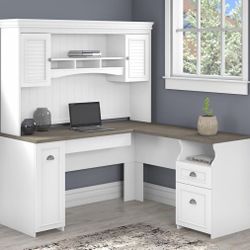 Bush Fairview 60” L-Shaped Desk with Hutch in Pure White