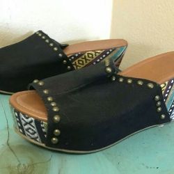 Rampage Quizzy Black Fabric Multicolor Riveted Platform Wedge Sandals Women's 8