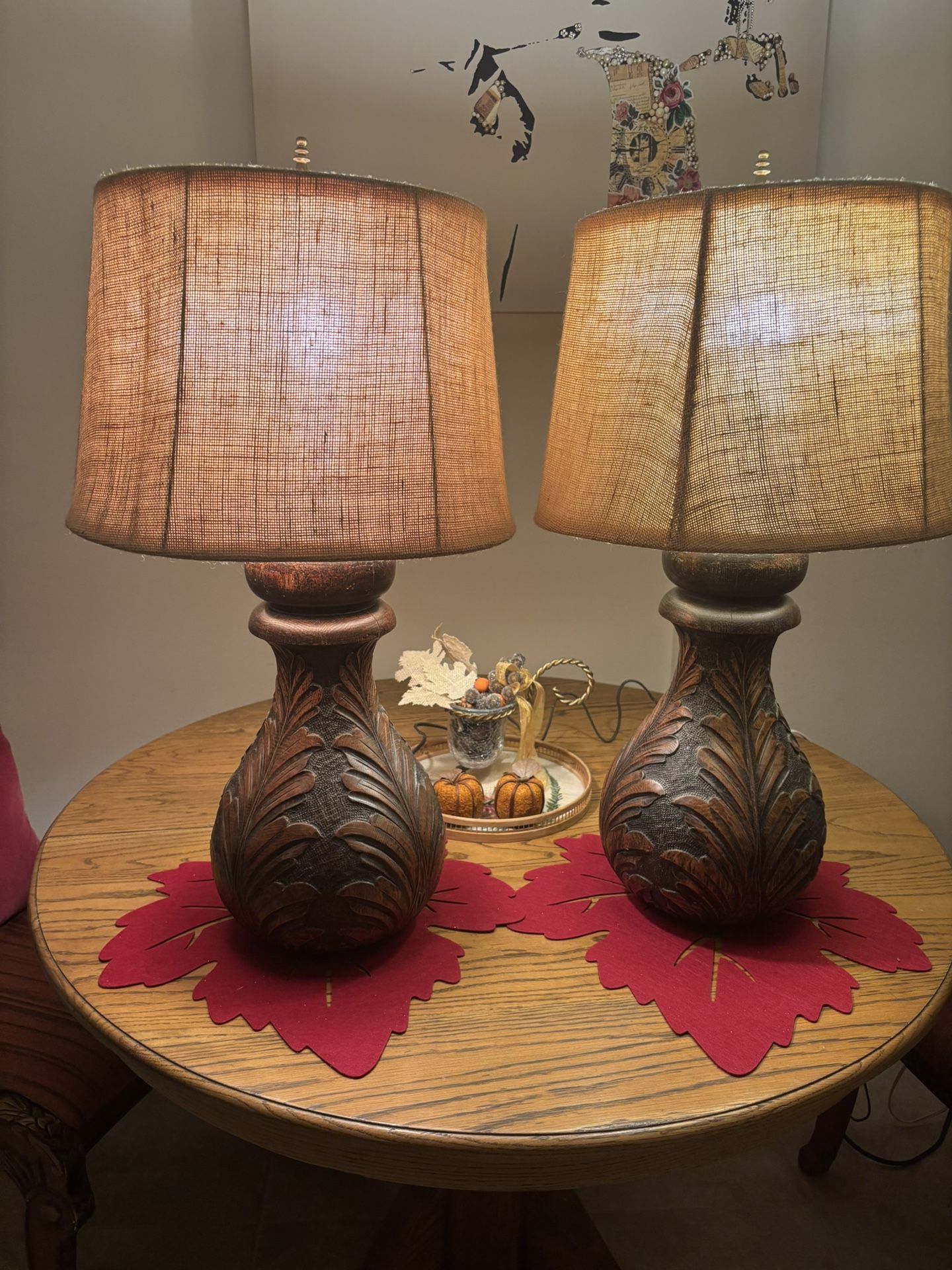 Pair Of Carved Mahogany Lamps