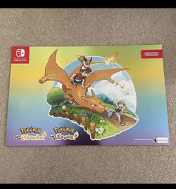 Pokemon Lets Go Pikachu Eevee Poster Brand New Gamestop Exclusive Rare Video Game Item Console Nintendo Switch System Charizard Trading Card Game