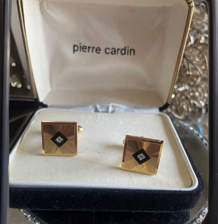 Vintage Pierre Cardin Mens Cufflinks Gold Tone & Real Diamonds In Original Box