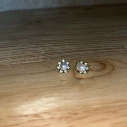 Pearl, Diamond, Emerald, 14k Gold Earrings