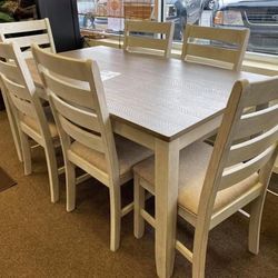 Skempton White/Light Brown Dining Table and Chairs (Set of 7) 