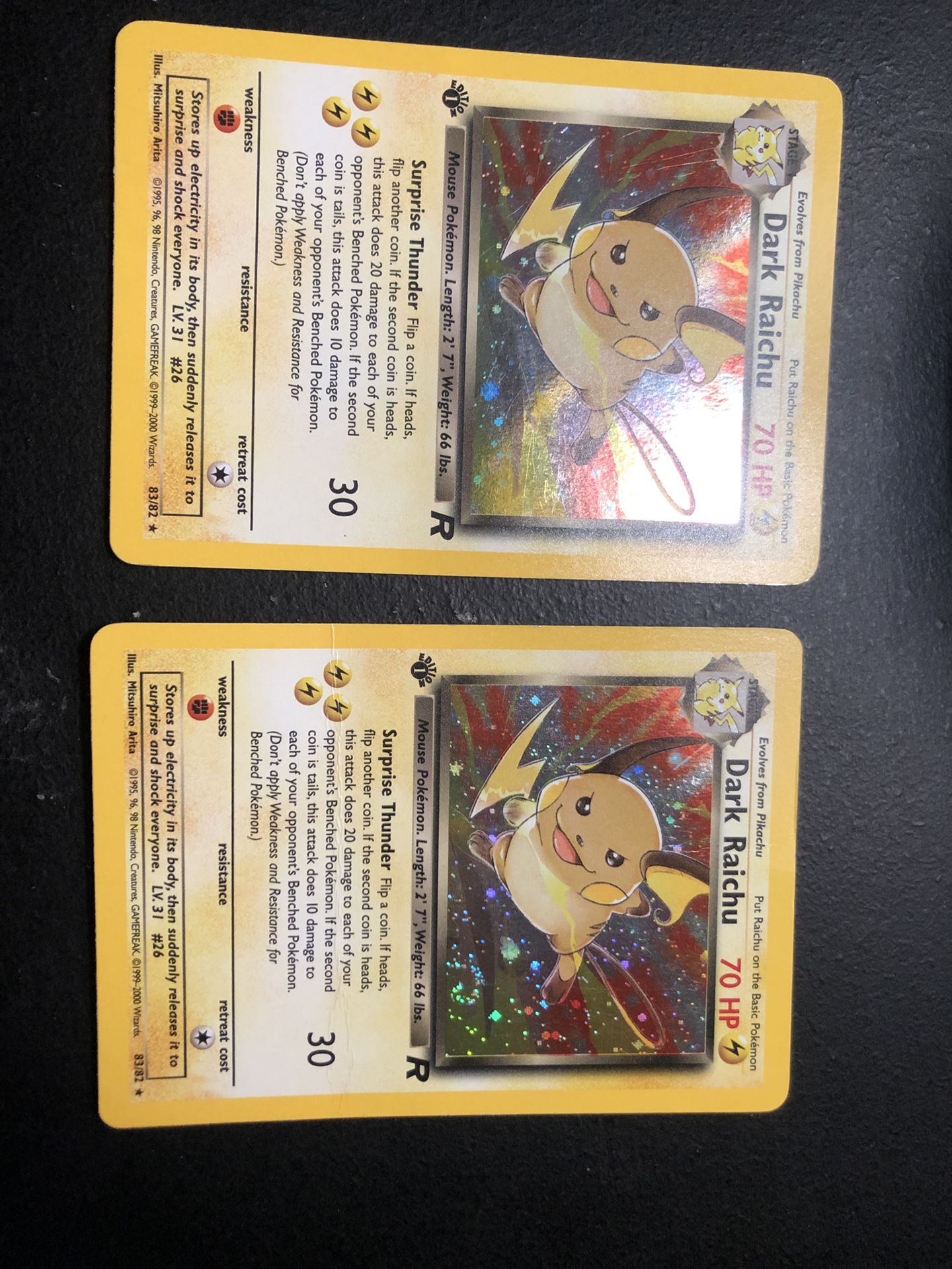 2 dark Raichu 1st edition pokemon cards