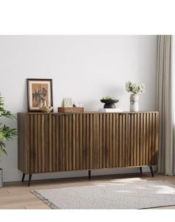 Walnut Buffet Cabinet with Storage, Large Sideboard Cabinet with 4 Fluted Doors and Metal Legs