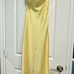 Beginning Boutique Satin Yellow Off the Shoulder Maxi Dress