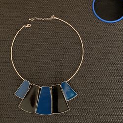 VINTAGE RETRO MOD CHOKER STATEMENT PIECE NECKLACE ENAMEL STYLE ROYAL BLUE BLACK 5 PIECE DESIGN AVANT-GARDE 6” ROUND 