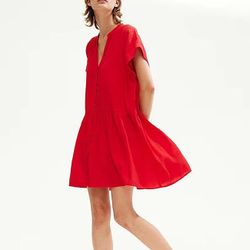 H&M CRINKLED TUNIC DRESS Red mini dress with button-up  oversized  Size XS