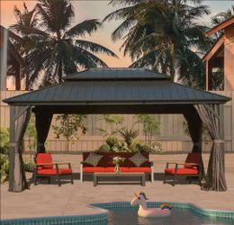 12 ft. x 16 ft. Aluminum Hardtop Gazebo with Galvanized Steel Double Roof Netting Curtains