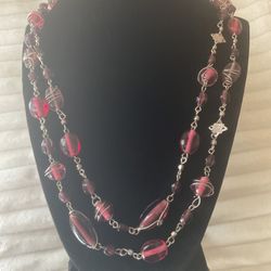 48”vintage Purple/amethyst Glass Stone Necklace …stones Are Wrapped In Silver 