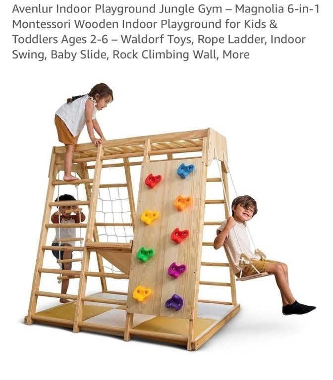 NEW Avenlur Indoor Playground Jungle Gym Magnolia 6-in-1 Montessori Wooden Indoor Playground for Kids & Toddlers Ages 2-6 – Waldorf Toys, Rope Ladder,