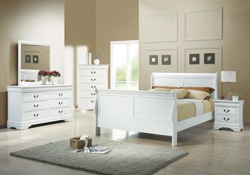 4PC QUEEN BEDROOM SET: SLEIGH QUEEN BED FRAME, DRESSER, MIRROR, NIGHTSTAND--WHITE