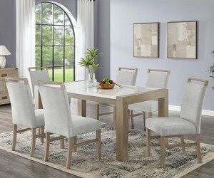 7Pc 66" Rectangular White Faux Marble Top Dining Set in Light Oak Finish
