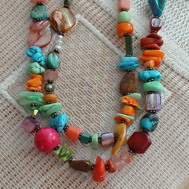 Estate Sterling Silver Multi Gemstones Necklace Turquoise Coral Pearl. . .47in
