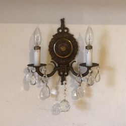 Antique French Brass Swarovski Crystal Double-Arm Vintage Wall Sconce