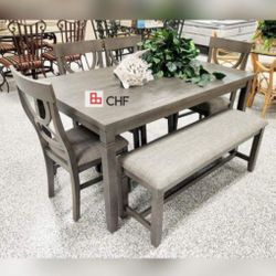 Solid Wood 6 Pc Dining Table Set With Bench 