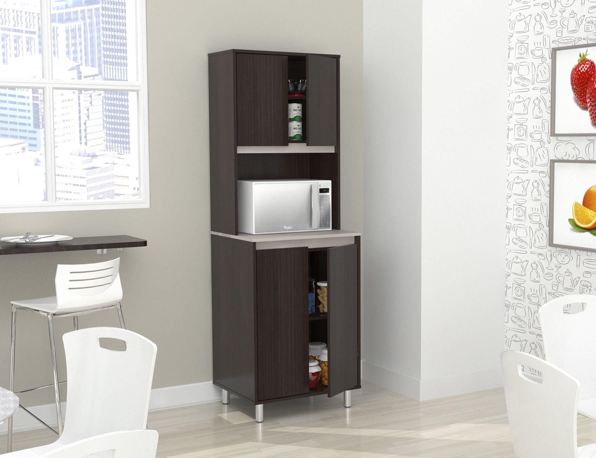 Inval Ambrossia Laminate 4 - Door Breakroom Cabinet, Espresso/Grey Espresso and Amber Grey - 